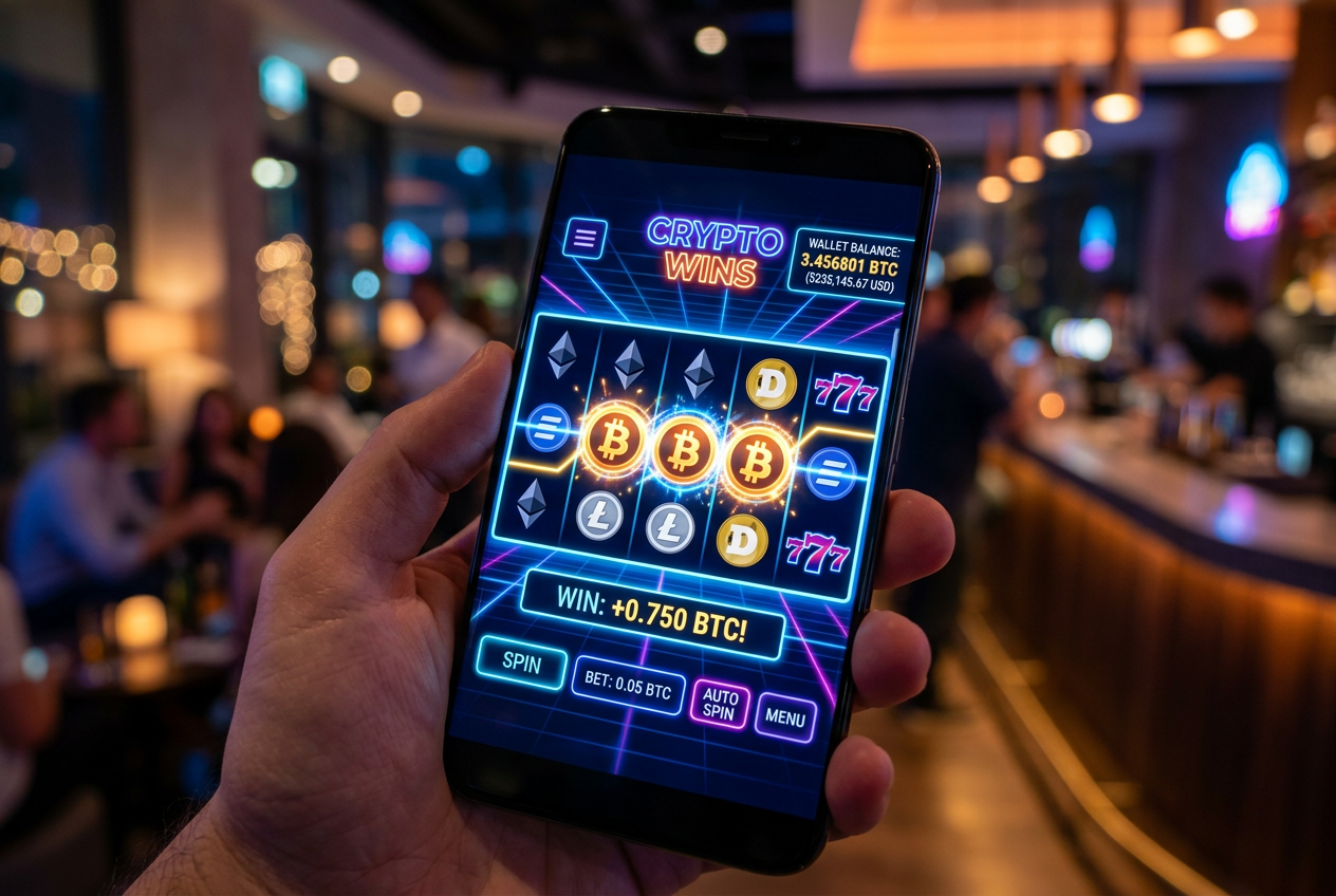 Detail rozhraní krypto slotu s ukazatelem bitcoinu a neonovými barvami
