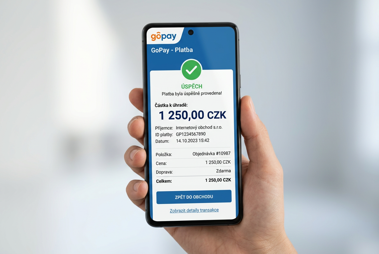 Moderní uživatelské rozhraní české platební brány GoPay na mobilním zařízení.