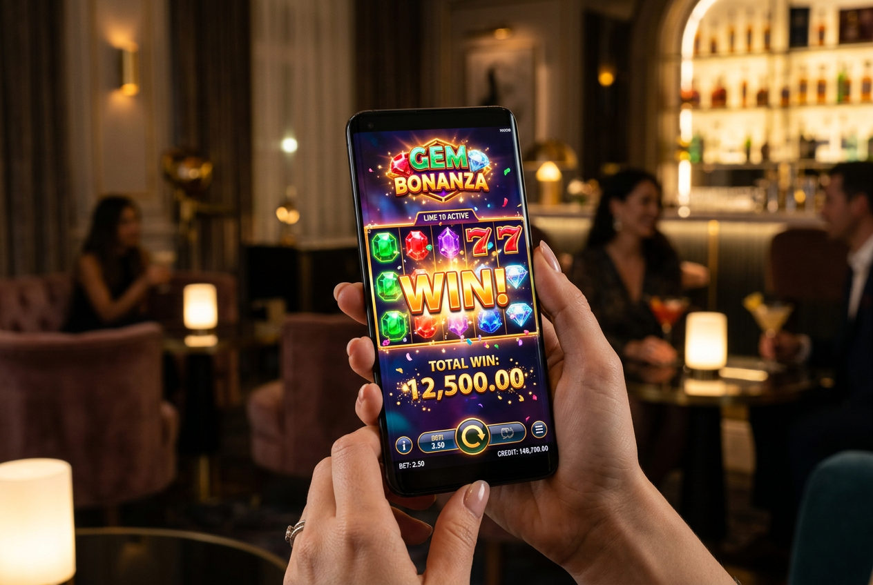 Mobilní telefon zobrazující barevný hrací automat s animací výhry v luxusním prostředí.